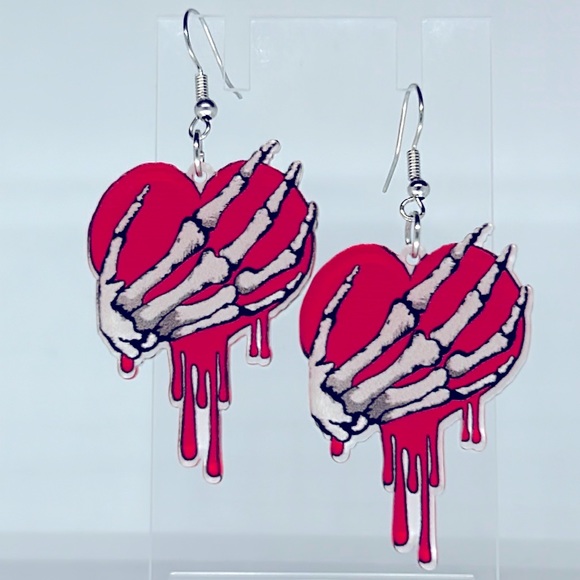 Jewelry - Acrylic Skull Hand Holding Heart Dangle Earrings Valentine